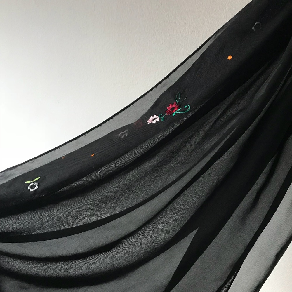 Sheer black flower embroidered scarf